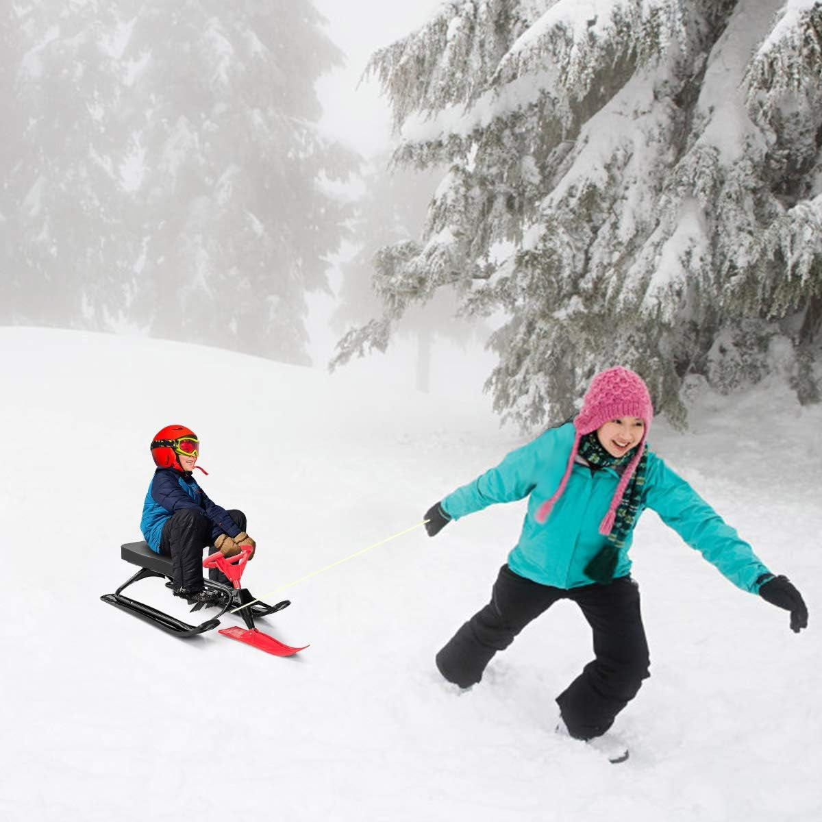 Snow Racer Sled, Ski Slider with Steering Wheel, Twin Brakes, Steel Frame for Teens, Kids Age 3 and Up, Adults up to 220LBS