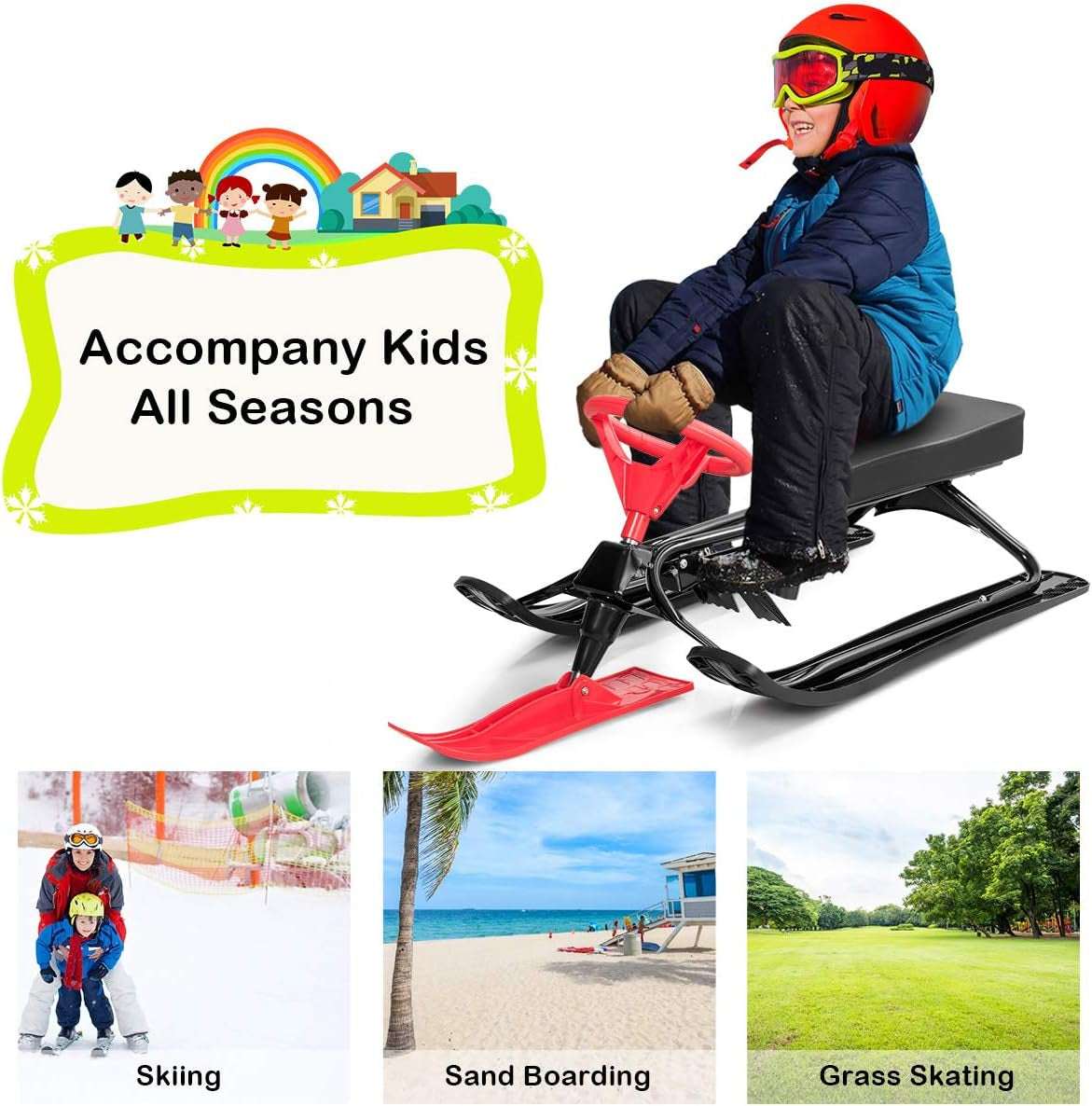 Snow Racer Sled, Ski Slider with Steering Wheel, Twin Brakes, Steel Frame for Teens, Kids Age 3 and Up, Adults up to 220LBS