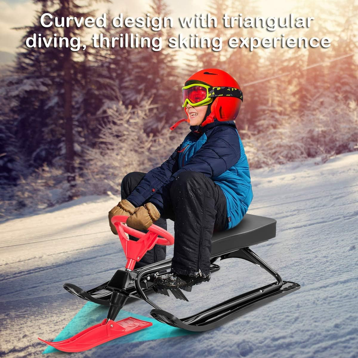 Snow Racer Sled, Ski Slider with Steering Wheel, Twin Brakes, Steel Frame for Teens, Kids Age 3 and Up, Adults up to 220LBS