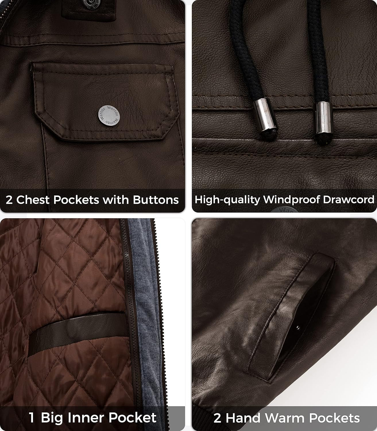 Men'S Faux Leather Jacket Windproof Motorcycle Bomber Jacket Slim Fit Winter Coat with Removable Hood