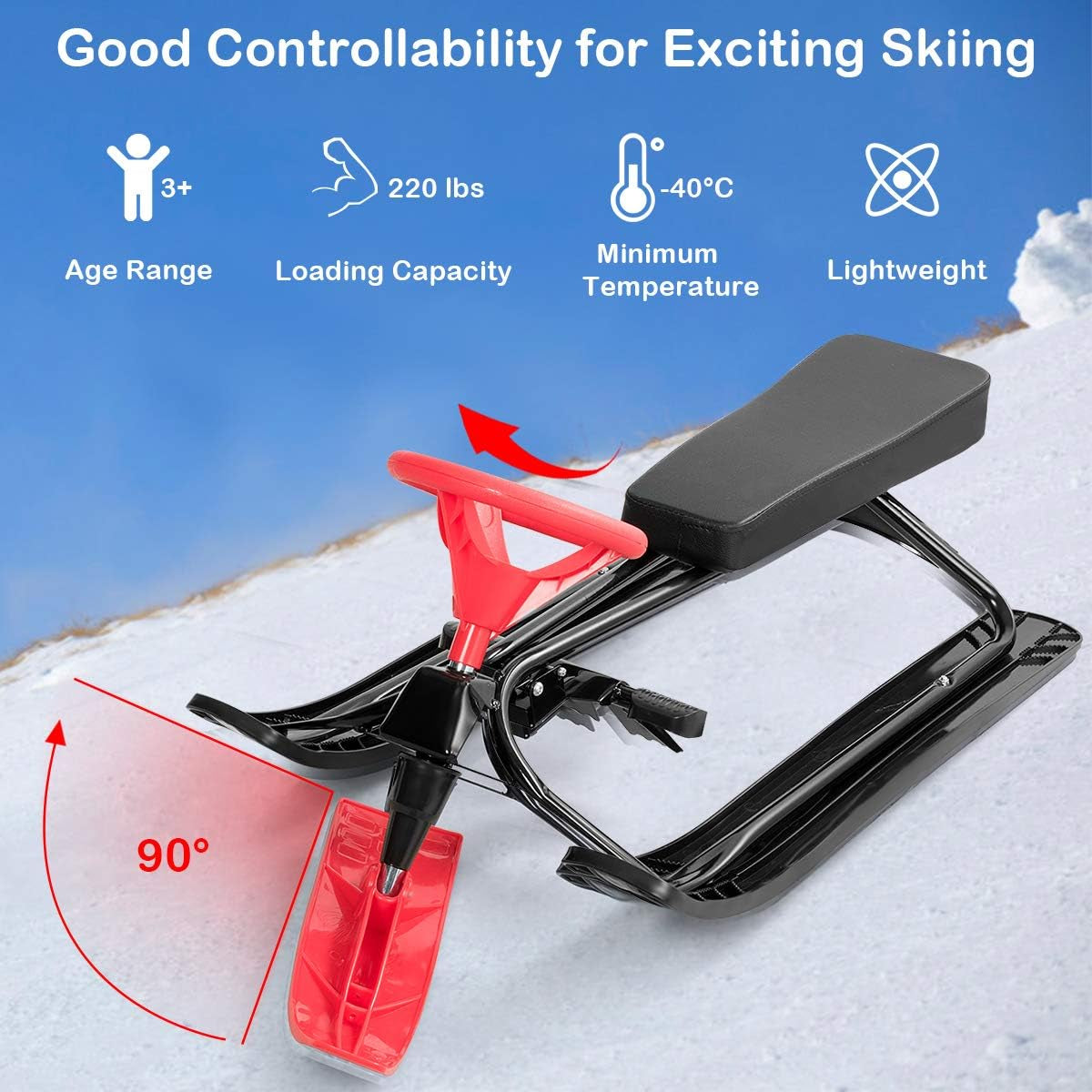 Snow Racer Sled, Ski Slider with Steering Wheel, Twin Brakes, Steel Frame for Teens, Kids Age 3 and Up, Adults up to 220LBS