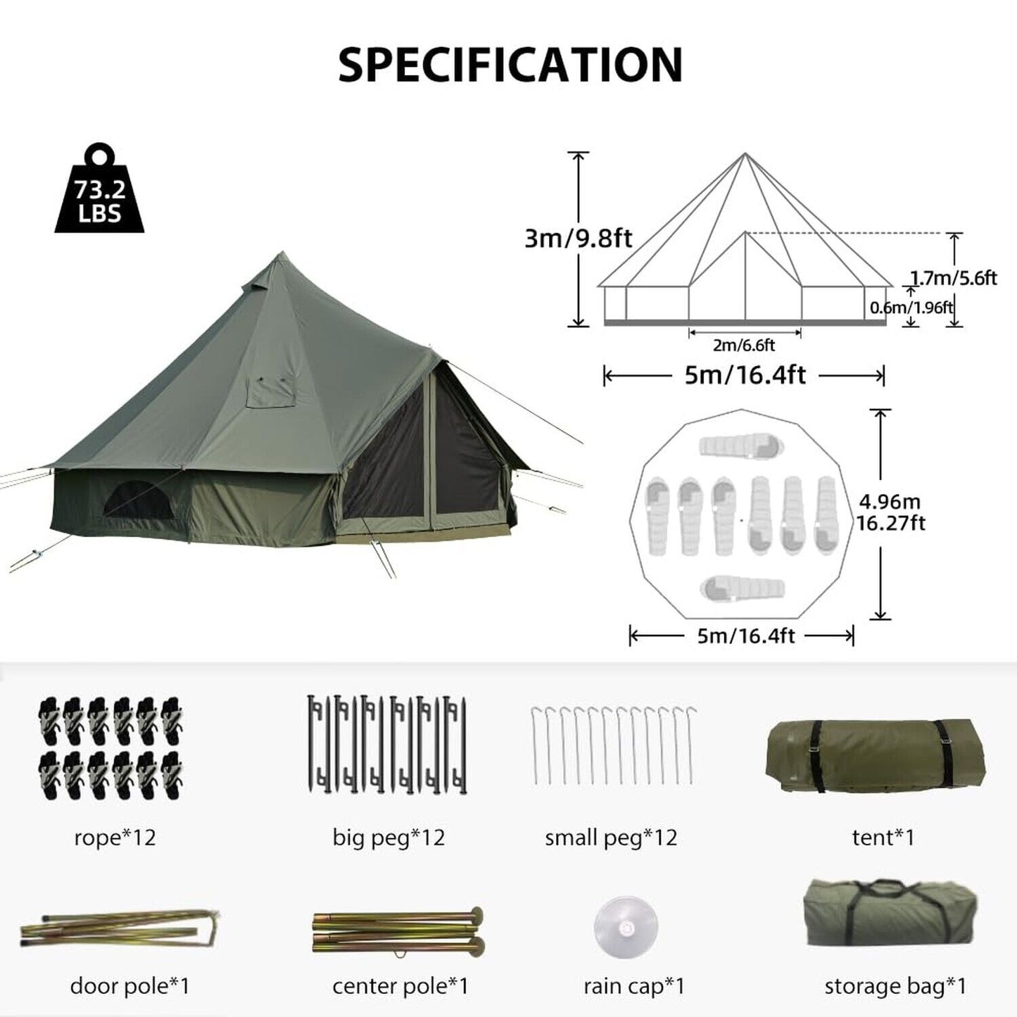 Cotton Canvas Bell Tent with Stove Jack, Roomy Yurt Tent for Family Glamping ...