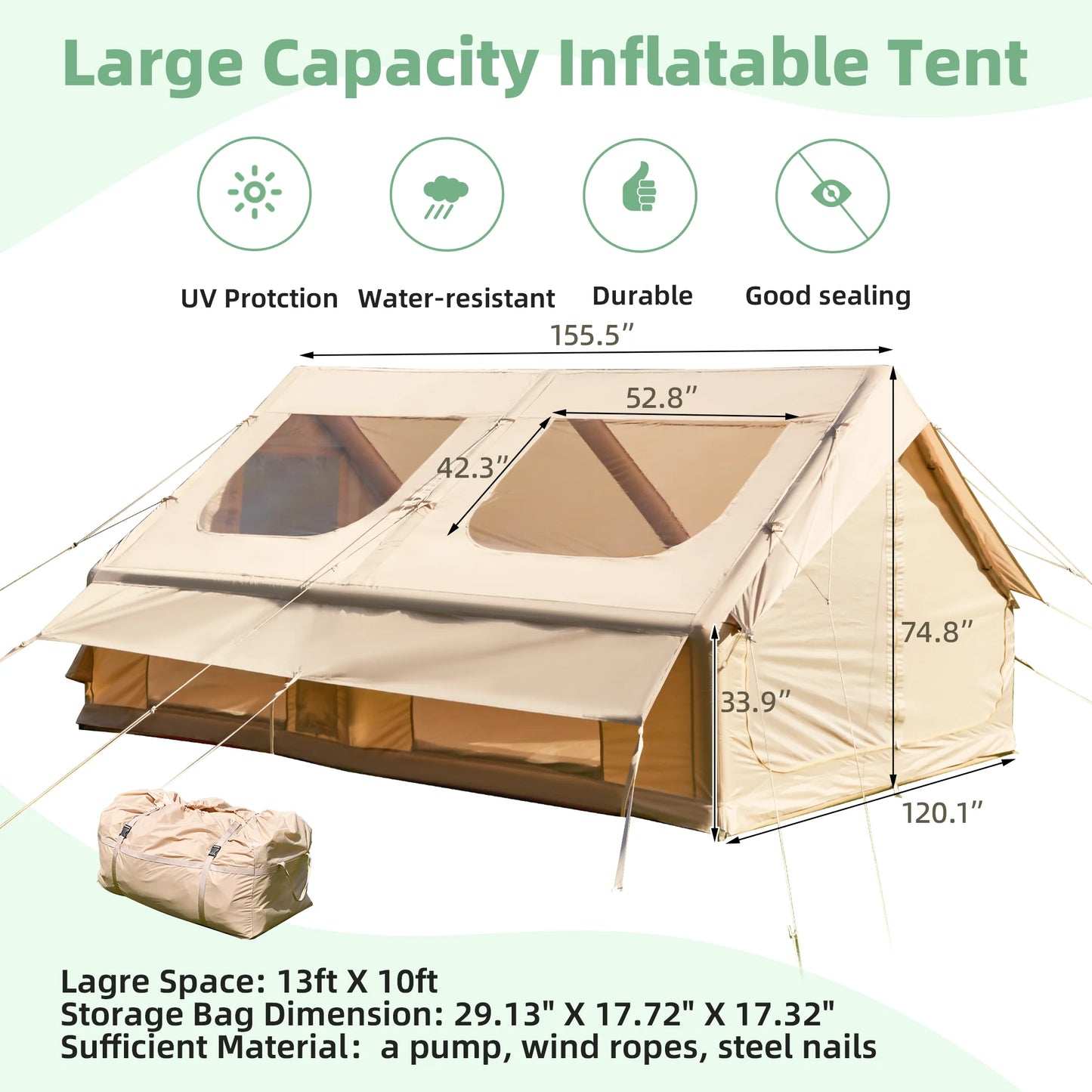 13'X10' Inflatable Camping Tent, 130 SFT Air Tent, Glamping Tents, Outdoor Cabin Tent with Pump, Carrying Bag