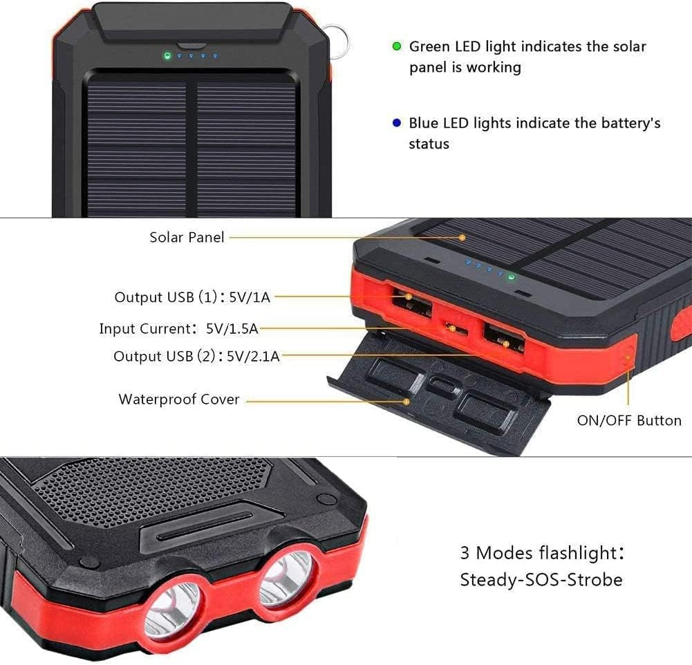 Solar Charger, 20000Mah Portable Waterproof Solar Power Bank for Cellphones Tablets External Backup Battery Pack Built-In Dual USB Outputs/Led Flashlights, Suitable for Outdoor Camping Travel…