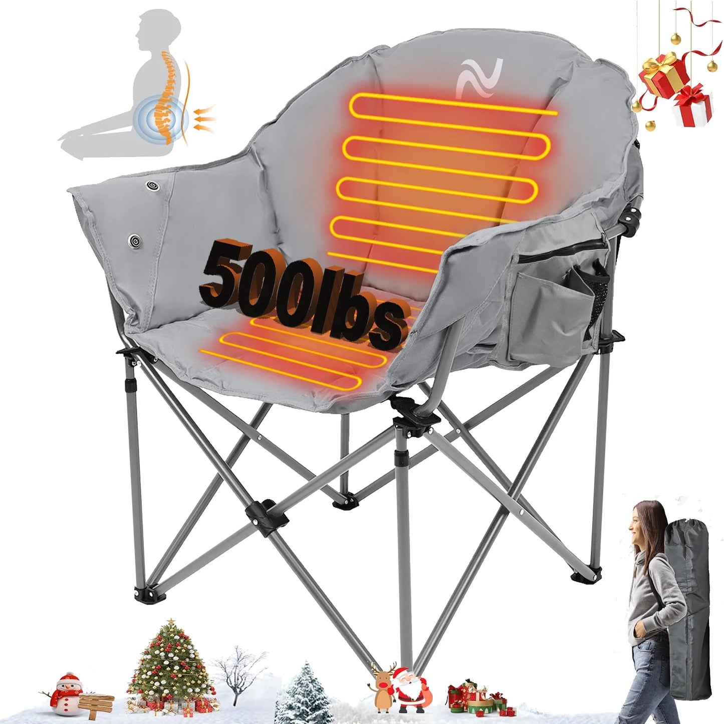 Oversized Heated Camping Chair, Portable Folding Lawn Chair, 3 Heat Levels, Outdoor Lounge Patio Chair, with Large Pockets and Travel Bag, Supports 500Lb