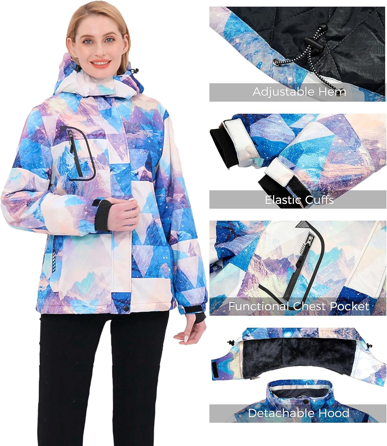 Women'S Mountain Waterproof Ski Jacket Windproof Rain Jacket Winter Warm Hooded Coat