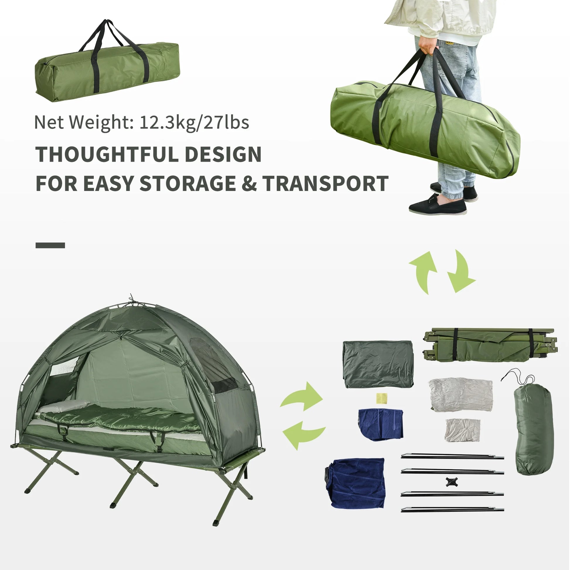 Multifunctional Folding Camping Cots for Adults, Elevated Tent with Sleeping Bag, Thick Air Mattress Pad, Portable Single Sleeping Cot Camping Bed