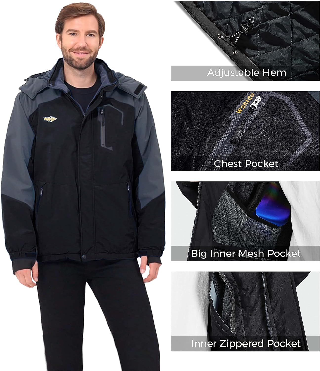 Men'S Mountain Waterproof Ski Jacket Windproof Rain Jacket Winter Warm Hooded Coat