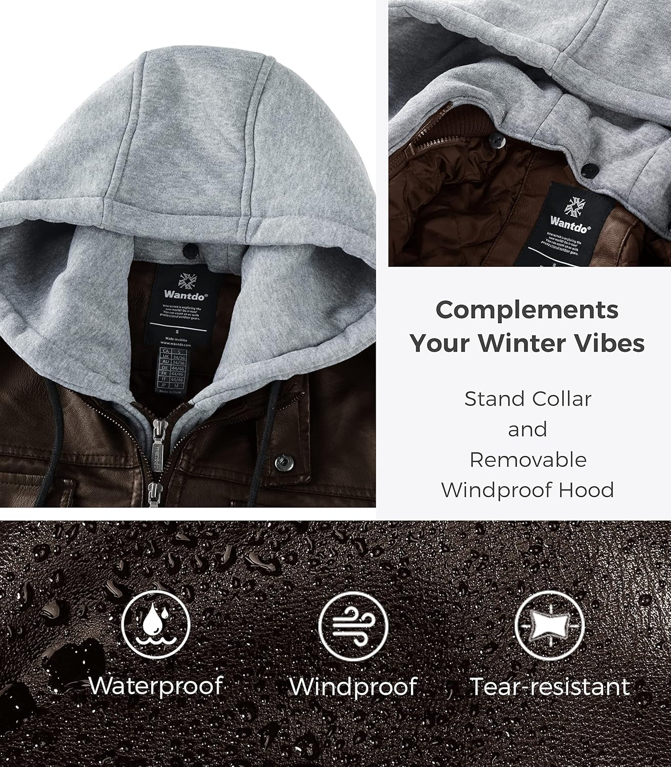 Men'S Faux Leather Jacket Windproof Motorcycle Bomber Jacket Slim Fit Winter Coat with Removable Hood