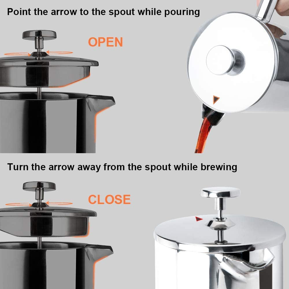 French Press Coffee Maker, 304 Grade Stainless Steel Insulated Coffee Press with 2 Extra Screens, 50Oz (1.5 Litre), Silver