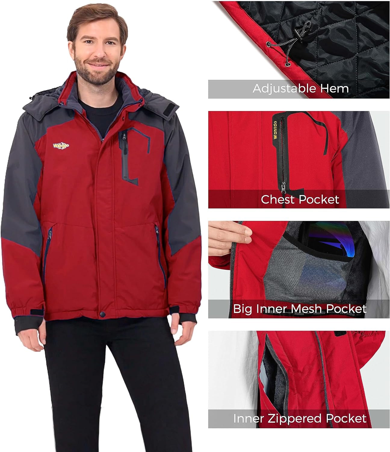 Men'S Mountain Waterproof Ski Jacket Windproof Rain Jacket Winter Warm Hooded Coat