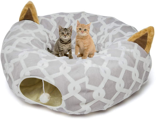 Large Cat Tunnel Bed with Plush Cover,Fluffy Toy Balls, Small Cushion and Flexible Design- 10 Inch Diameter, 3 Ft Length- Great for Cats, and Small Dogs, Gray Geometric Figure