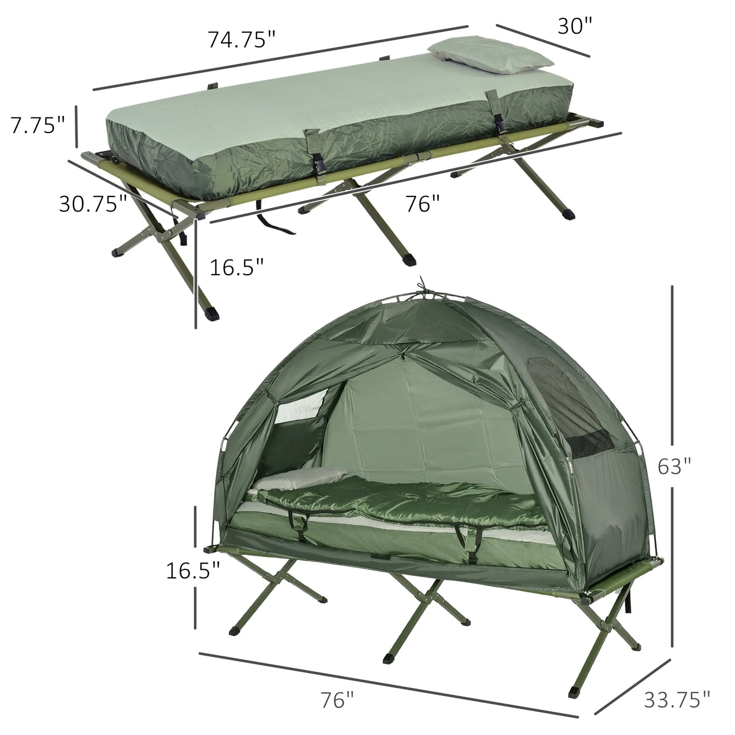 Multifunctional Folding Camping Cots for Adults, Elevated Tent with Sleeping Bag, Thick Air Mattress Pad, Portable Single Sleeping Cot Camping Bed