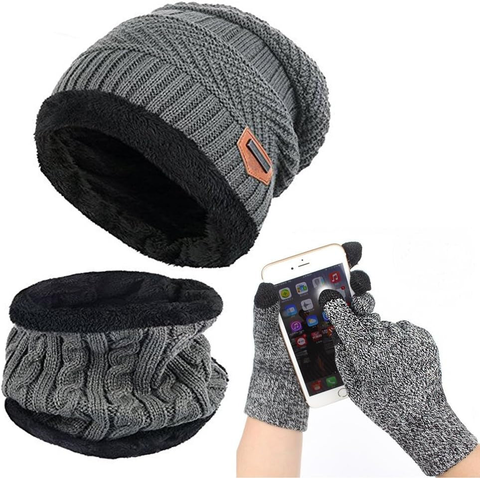 Winter Beanie Hat Scarf Set Warm Knit Hat Thick Knit Skull Cap Touch Screen Glove Unisex