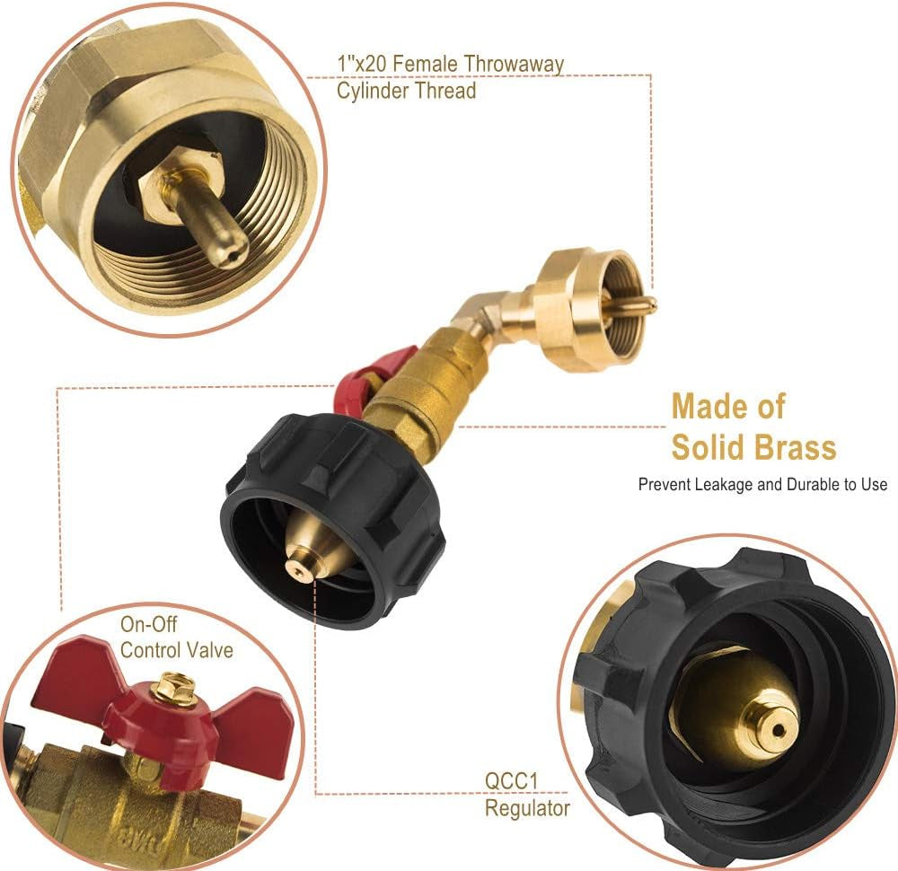 Propane Refill Adapter Coupler QCC1 with On-Off Control Valve for Camping Grill 1LB Bottle Tank 20~40LB Cylinder (Elbow Adapter)