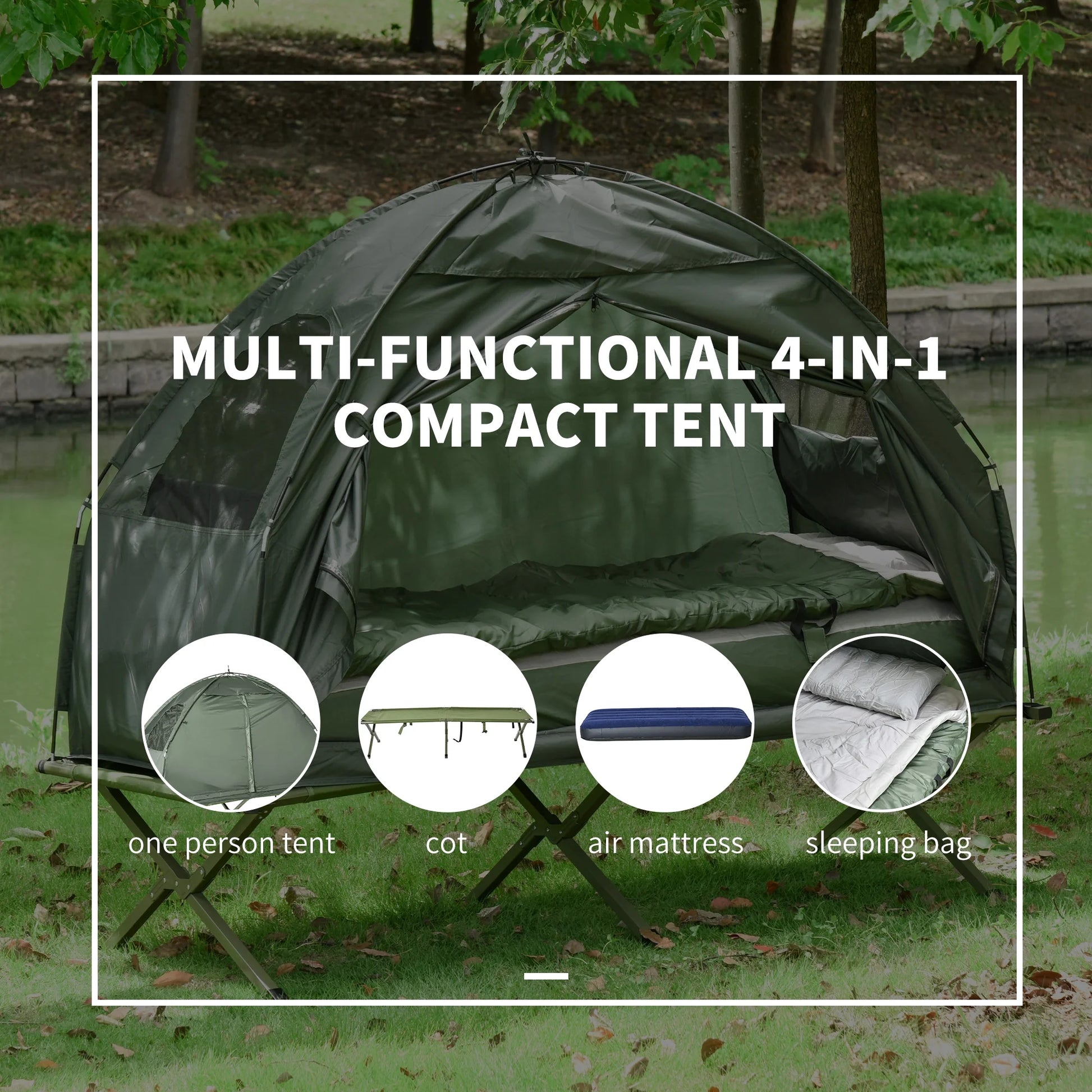 Multifunctional Folding Camping Cots for Adults, Elevated Tent with Sleeping Bag, Thick Air Mattress Pad, Portable Single Sleeping Cot Camping Bed