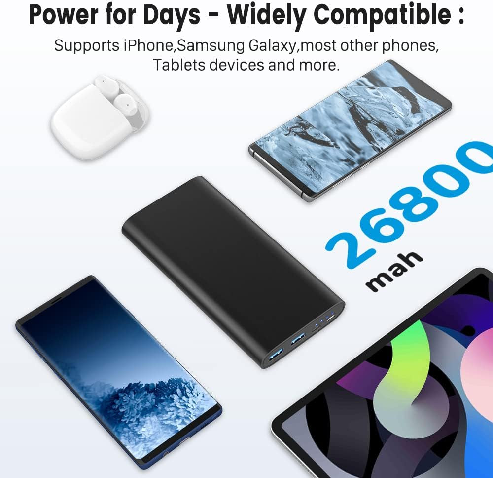 26800Mah Portable Charger Power Bank, Dual USB W/Usb-C Fast Charging Battery Pack Portable Phone Charger for Iphone 16 15 14 13 X SE 8, Ipad,Airpods,Samsung S22 S23, Google Pixel, Android Phone