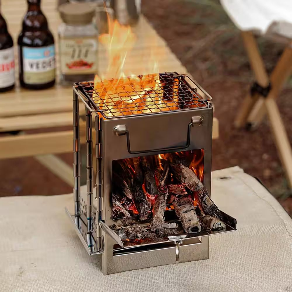 Portable Charcoal/Wood Grill in Silver Finish Wood Burning Camp Stove Stainless Steel Folding Camp Stove with Bag