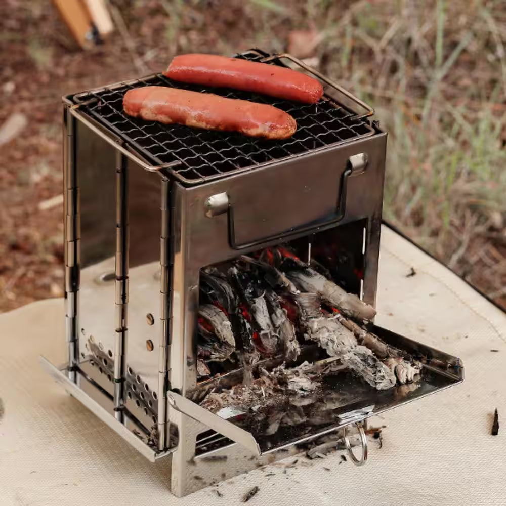 Portable Charcoal/Wood Grill in Silver Finish Wood Burning Camp Stove Stainless Steel Folding Camp Stove with Bag