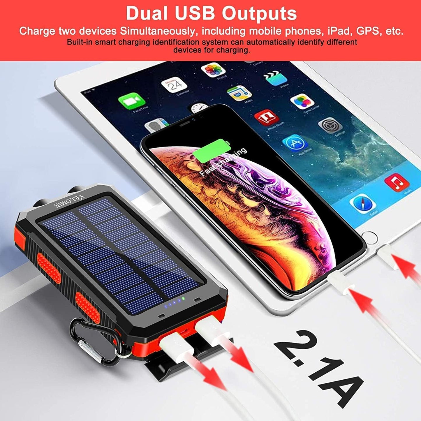 Solar Charger, 20000Mah Portable Waterproof Solar Power Bank for Cellphones Tablets External Backup Battery Pack Built-In Dual USB Outputs/Led Flashlights, Suitable for Outdoor Camping Travel…