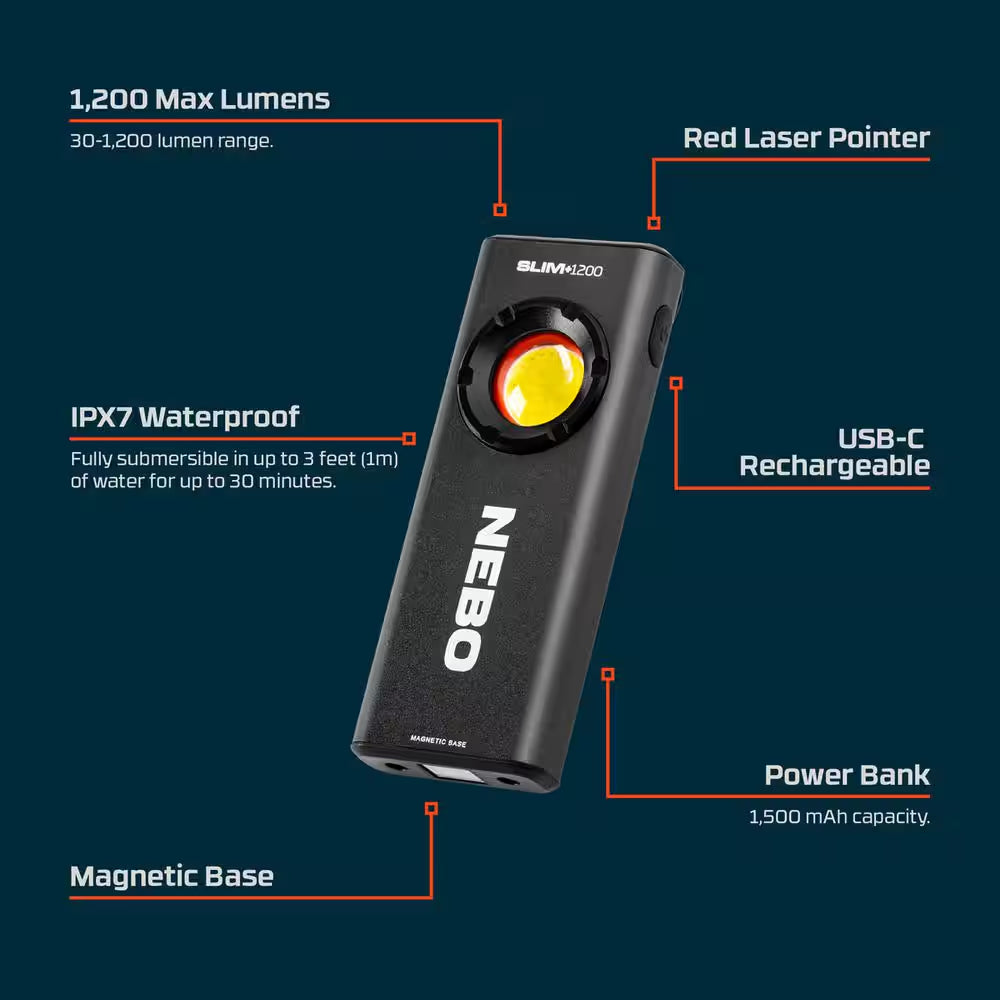 Slimplus 1200 Lumens Rechargeable Flashlight and Power Bank with Laser